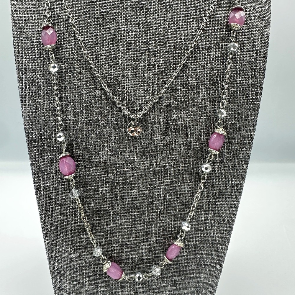 Vintage Silver Tone Multi Strand Necklace Pink‎ Purple Cat Eye Bead Disk Charm